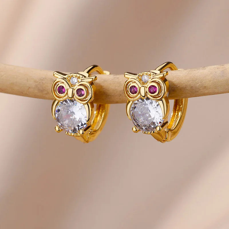 Crystal Owl Hoop Earrings For Women Satinless Steel Animal Zircon Rabbit Leopard Elephant Bear Earrings Cute Jewelry Girls Gift