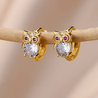 Crystal Owl Hoop Earrings For Women Satinless Steel Animal Zircon Rabbit Leopard Elephant Bear Earrings Cute Jewelry Girls Gift