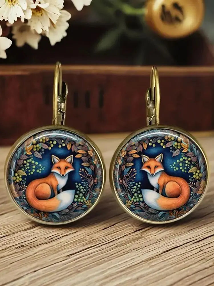 Hot Selling Pop Fox Cat Chicken Jewelry Dome Glass Alloy Earrings Cute Animal Pattern Exquisite Fashion Gift