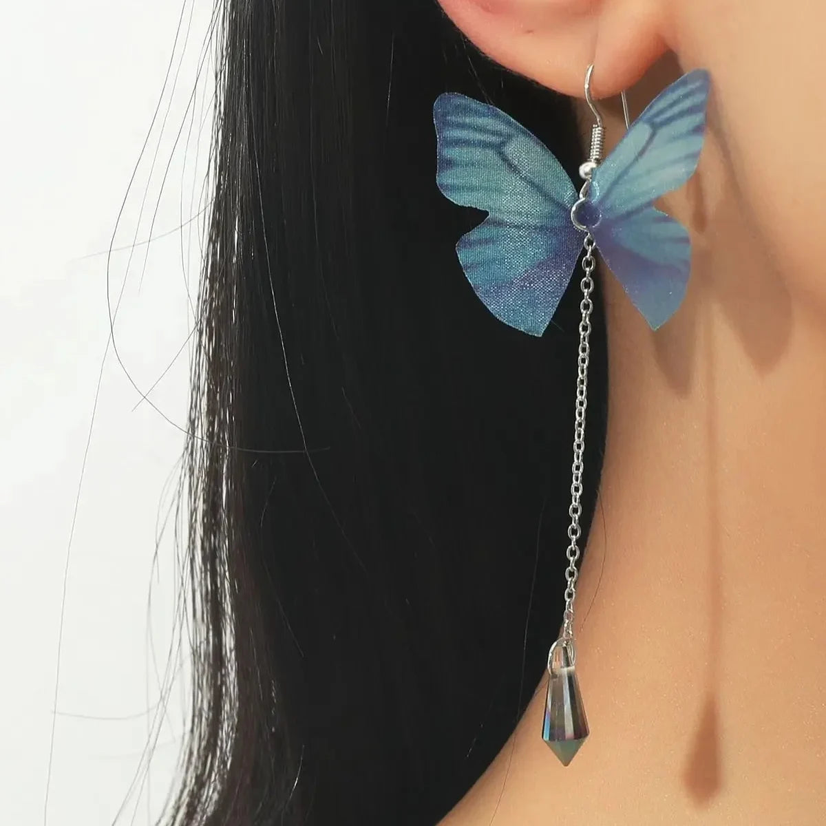 Simple Temperament Fresh Blue Butterfly Shape Crystal Tassel Pendant Earrings Ms. Fashion Items