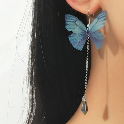 Simple Temperament Fresh Blue Butterfly Shape Crystal Tassel Pendant Earrings Ms. Fashion Items