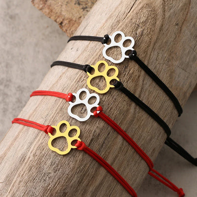 Sterling Silver Paw Print Friendship Bracelet - Adjustable Cord Design