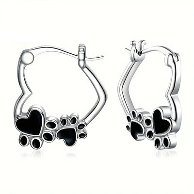 Sterling Silver Paw & Heart Drop Hoops - Pet Love Memorial Earrings