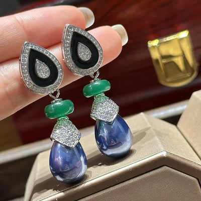 Women Violet Vintage Pearl Pear-shaped Drop Glazed Zircon Silver Pin Earrings