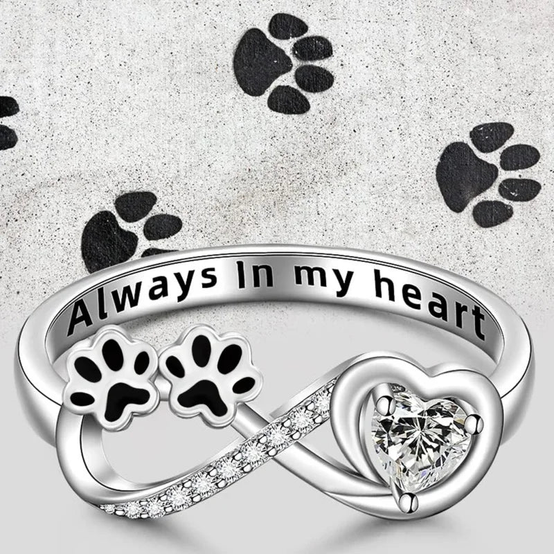 Sterling Silver Infinity Paw Print Ring with CZ Heart - 'Always in My Heart' Memorial Jewelry