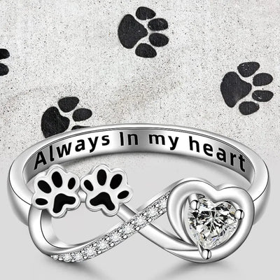 Sterling Silver Infinity Paw Print Ring with CZ Heart - 'Always in My Heart' Memorial Jewelry