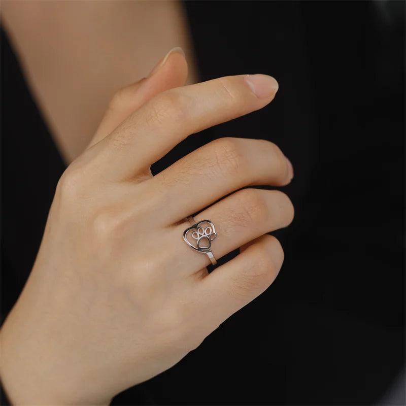 Gold-Tone Paw & Heart Ring – Stainless Steel Jewelry for Pet Lovers