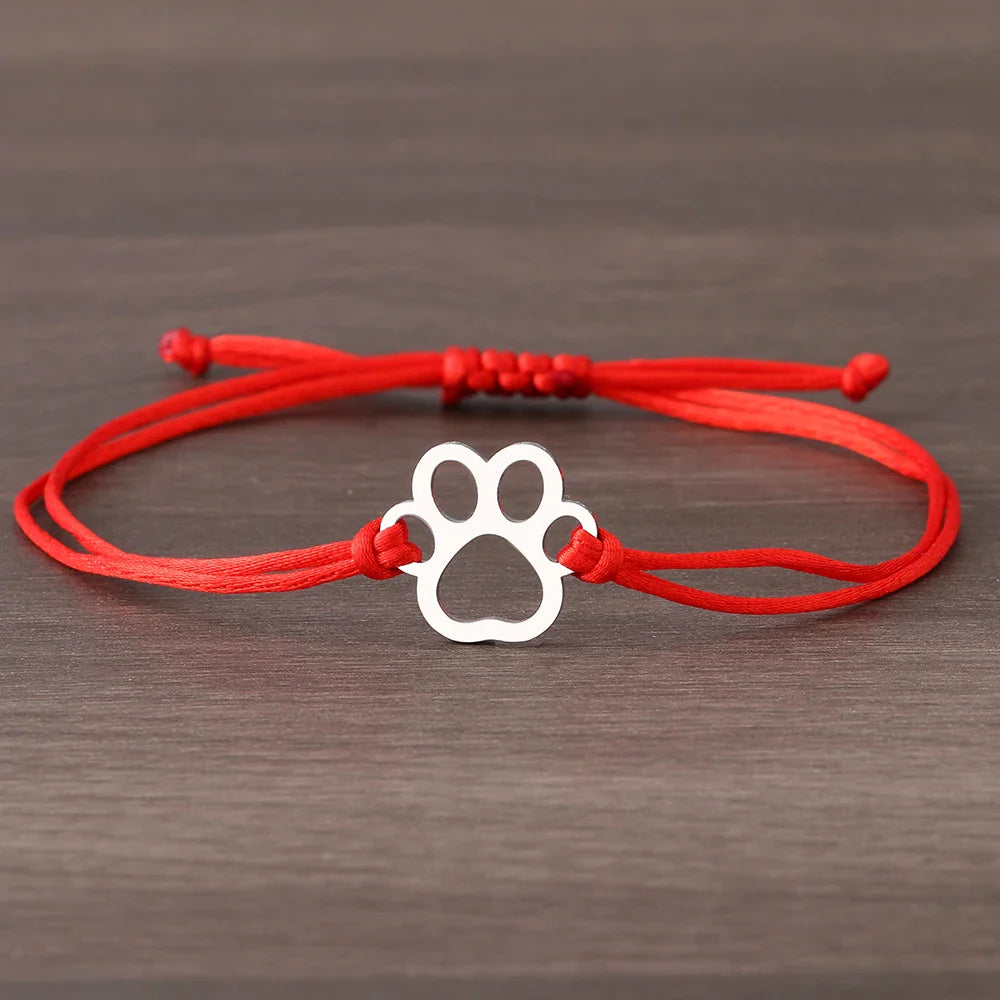 Sterling Silver Paw Print Friendship Bracelet - Adjustable Cord Design