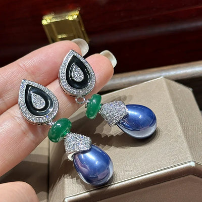 Women Violet Vintage Pearl Pear-shaped Drop Glazed Zircon Silver Pin Earrings