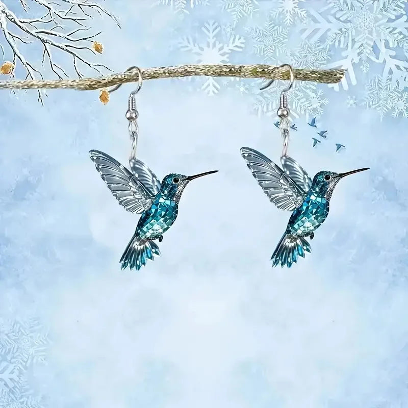 YAOLOGE Exquisite 2D Animal Bird Design Ice Crystal Blue Hummingbird Earrings Acrylic Material Women Elegant Eardrop Party Gifts