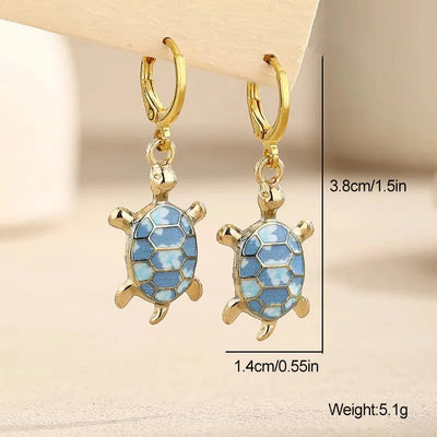 Cute Enamel Leopard Print Red Blue Sea Turtle Huggie Earrings For Women Summer Beach Ocean Jewelry