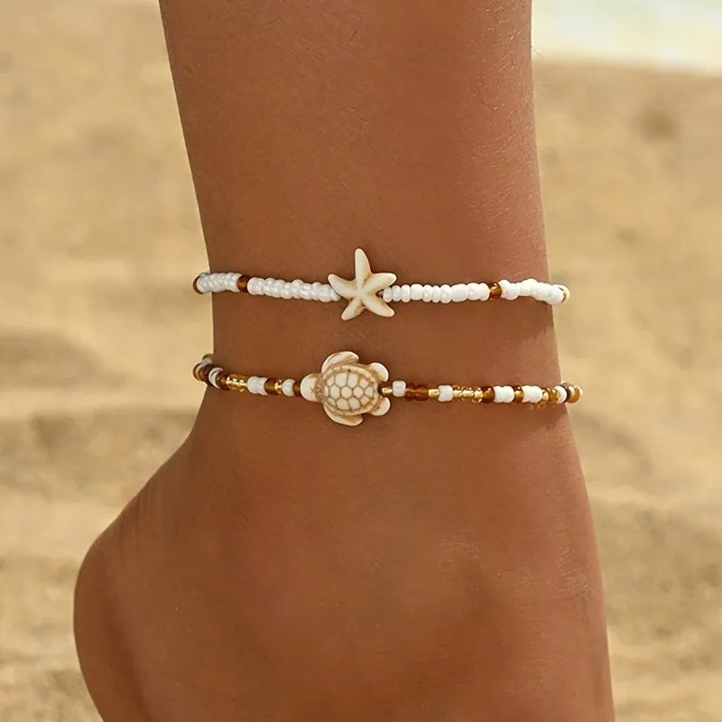 Set of Two Brown Starfish And Turtle Designs Pendant Anklet for Women ...