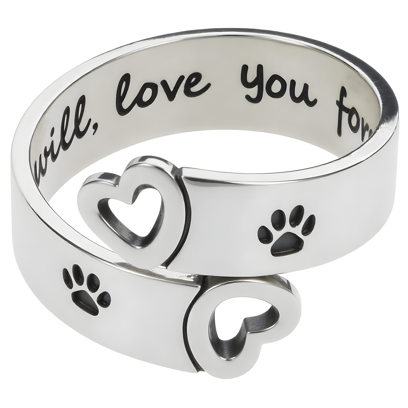Adjustable Paw Print Heart Twist Ring - Sterling Steel Memorial Jewelry