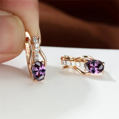 Purple Crystal Oval Stone Earring Female Luxury Engagement Hoop Earrings For Women Bridal Multicolor Birthstone Wedding Jewelry