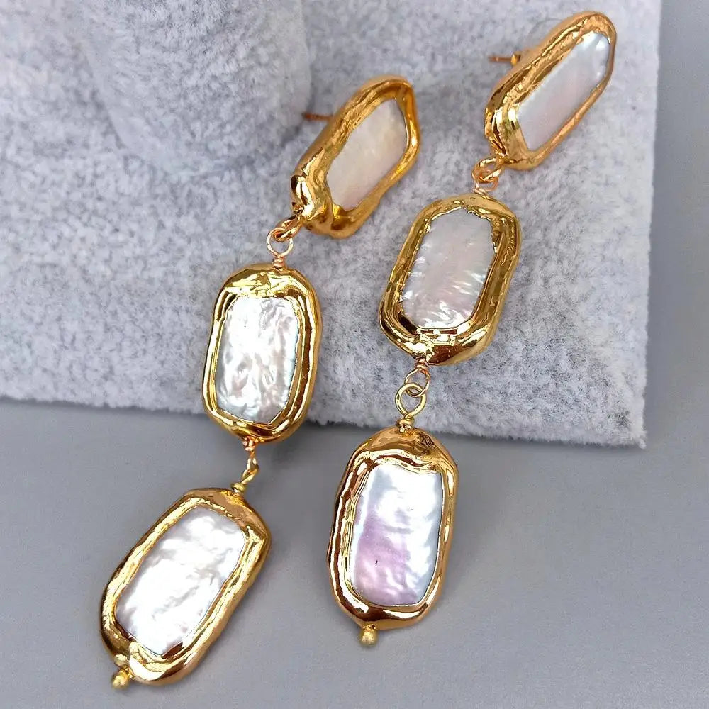KKGEM 3.1" Natural White Biwa Pearl  with gold plated edge Freshwater Cultured Dangle Wrap Stud Earrings for women