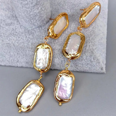 KKGEM 3.1" Natural White Biwa Pearl  with gold plated edge Freshwater Cultured Dangle Wrap Stud Earrings for women
