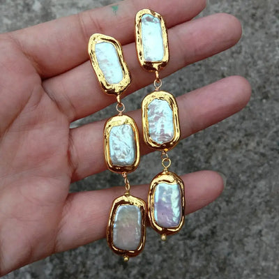 KKGEM 3.1" Natural White Biwa Pearl  with gold plated edge Freshwater Cultured Dangle Wrap Stud Earrings for women