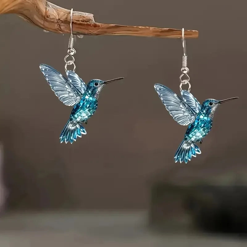 YAOLOGE Exquisite 2D Animal Bird Design Ice Crystal Blue Hummingbird Earrings Acrylic Material Women Elegant Eardrop Party Gifts