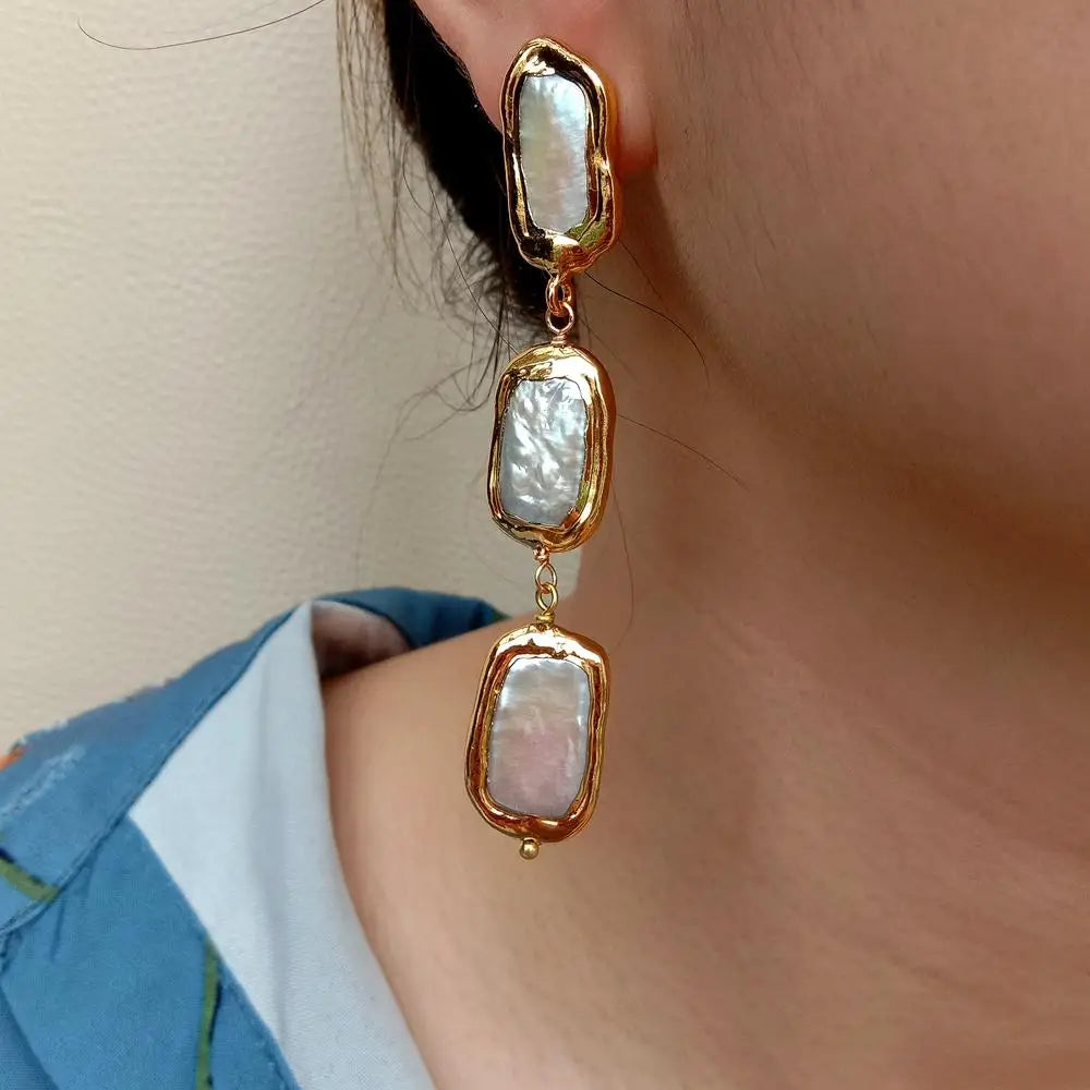 KKGEM 3.1" Natural White Biwa Pearl  with gold plated edge Freshwater Cultured Dangle Wrap Stud Earrings for women