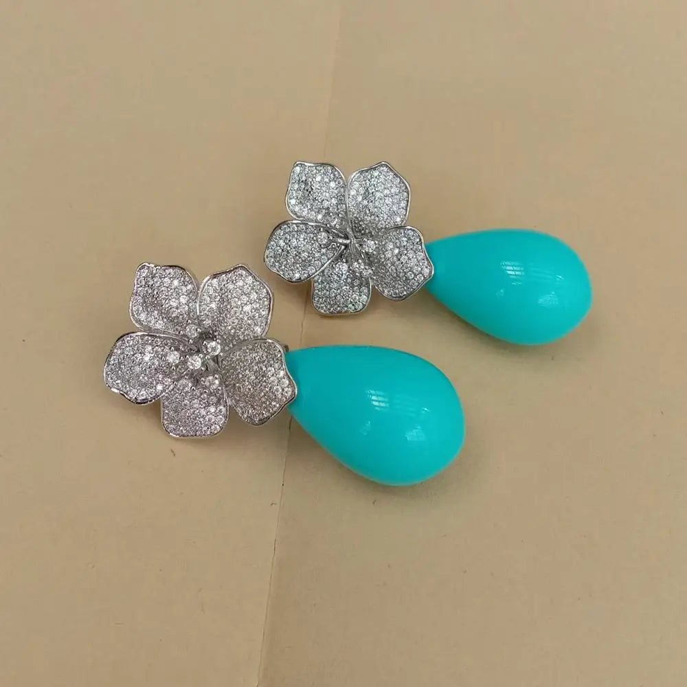 YYGEM 16x27mm Blue Sea Shell Teardrop Cz Pave Flower Stud Gold Plated Stones Earrings Party Elegant Jewelry Dropshipping