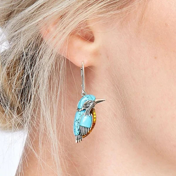 Fashion Blue Brid Pendant Necklace Flying Hummingbird Oil Painting Earrings  Enamel Animal  Stud  Jewelry Gift