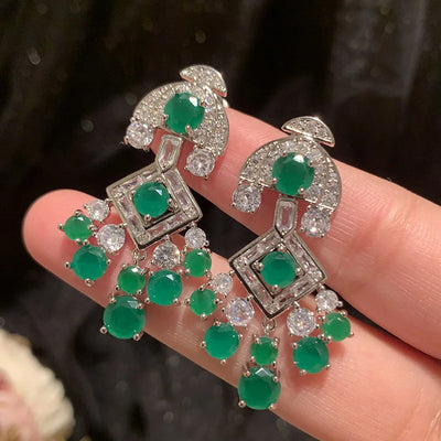 Women Green Drop Earrings S925 Silver Needle Zirconia Copper Long Tassel