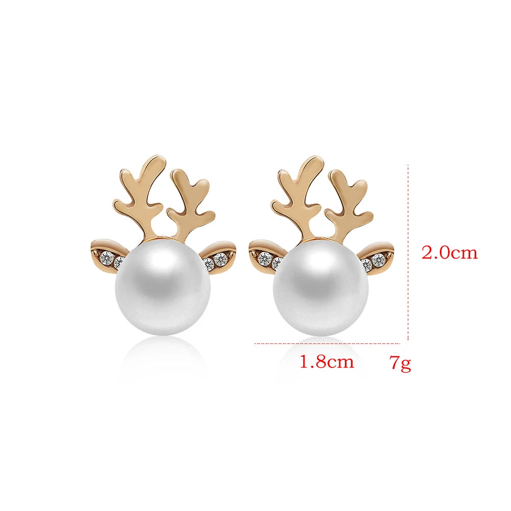 1Pair Women Elegant Xmas Reindeer Ear Stud Fashion Christmas Pearl Deer Earrings Ear Stud Women Girls' Jewelry Hot Sale