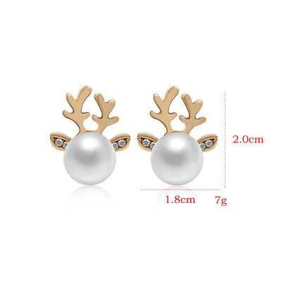 1Pair Women Elegant Xmas Reindeer Ear Stud Fashion Christmas Pearl Deer Earrings Ear Stud Women Girls' Jewelry Hot Sale