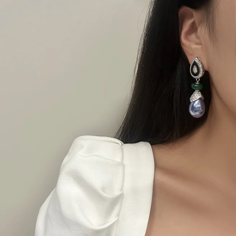 Women Violet Vintage Pearl Pear-shaped Drop Glazed Zircon Silver Pin Earrings