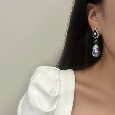 Women Violet Vintage Pearl Pear-shaped Drop Glazed Zircon Silver Pin Earrings