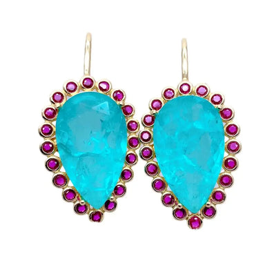 YYGEM 21x31mm Boho Drop Earrings Blue Quartz Fuchsia Cz Teardrop Hook Dangle Earring Jewelry