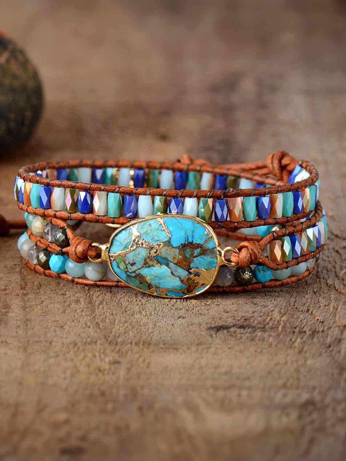 Natural Stone Triple-Layer Bracelet with Agate & Pine Wood