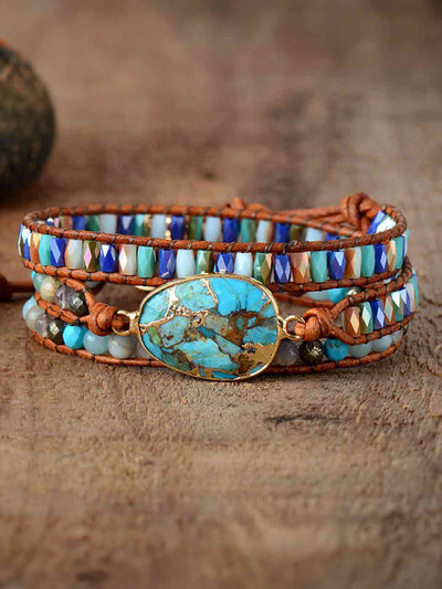 Natural Stone Triple-Layer Bracelet with Agate & Pine Wood