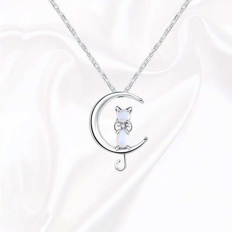 Moonstone crescent and cat necklace