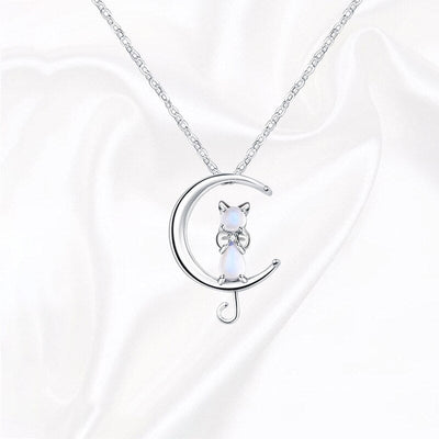 Moonstone crescent and cat necklace