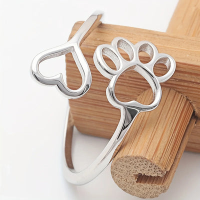 Sterling Silver Paw Print Heart Ring - Adjustable Memory Jewelry for Pet Lovers