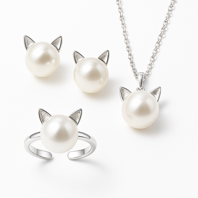 Beautiful Pearl Cat Necklace with Bonus Earrings + Ring